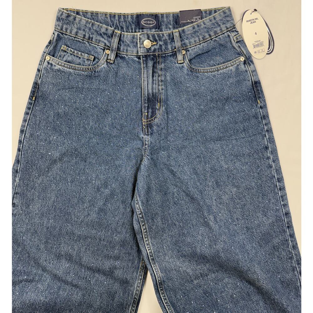 NWT Scoop Women’s Blue Rhinestone Wide Leg Jeans high waist 100% cotton Sz 4 - Picture 3 of 11